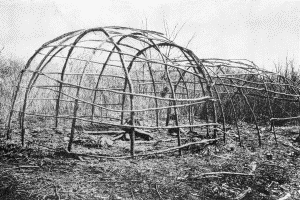 a. Frames of structures ready to be covered with mats or sheets of bark