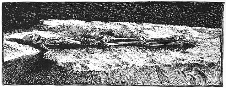 Skeleton on ash bed at bottom of conical mound.