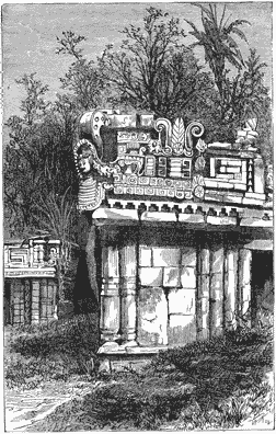 Engraving of corner of building with architectural sculpture