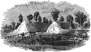 Drawing of a road passing between two parallel mounds