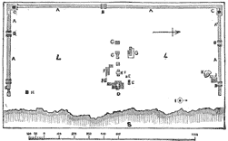 Plan of Tulum, showing wall surrounding structures in the center of the site