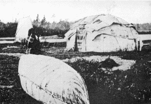 b. Two types of wigwams covered with birch bark OJIBWAY HABITATIONS, ABOUT 1865