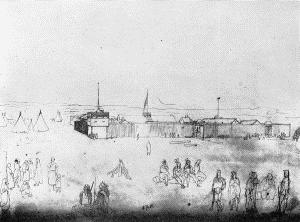 b. Page of Kurz's Sketchbook, showing Fort Pierre and the Indian encampment, July 4, 1851