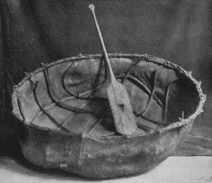 b. Bull-boat and paddle, obtained from the Hidatsa. Marked "Fort Buford, Dak. Ter. Grosventres Tribe. Drs. Gray and Matthews." (U.S.N.M. 9785)