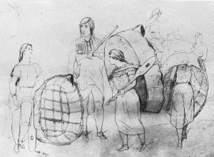 c. Hidatsa group with bull-boats. At Fort Berthold, July 13, 1851 FROM KURZ'S SKETCHBOOK