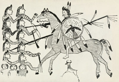 Line drawing showing a warrior on horseback bearing down on the 13 people.