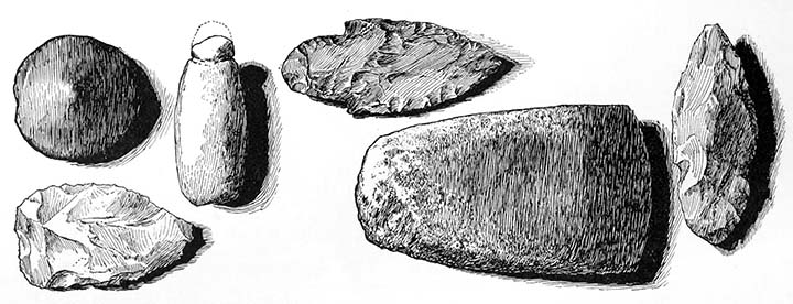 Hematite hemisphere, grooved stone implement, hatchet, and flint knives.
